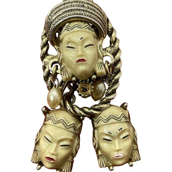 Vintage Necklace 21” Selro Selini Thai Goddess Face Gold Tone Bakelite - Picture 1 of 11